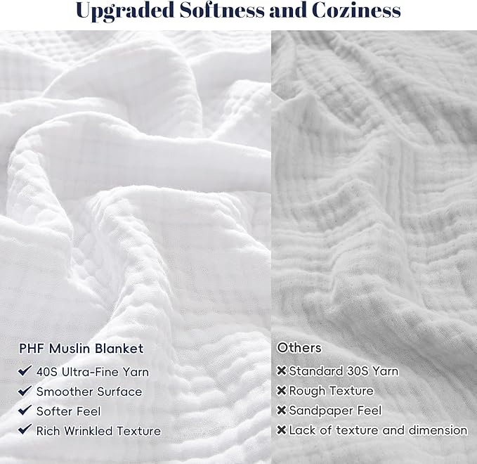 PHF 100% Cotton Muslin Throw XL Blanket Large 50" x 70", 4-Layer Lightweight Gauze Throw, Breathable Cloud-Soft Minimalist Blanket for Bed, Couch, Camping, White, Ideal Gift