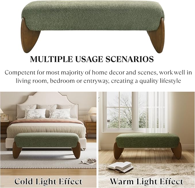 CIMOTA Green End of Bed Bench for Bedroom/Hallway/Dress Room/Living Room, Modern Entryway Bench, Boucle Window Bench with Padded Seat/Scalloped Wooden Legs, 50 Inch Long/Chenille