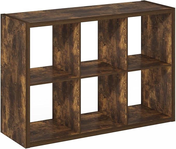 Furinno Cubicle Book Shelf, 6-Cube Bookshelf, Extra Thick Frame Horizontally & Vertically Reversible Bookcase with Open Back, 14.6" x 44" x 30", for Living Room, Bedroom, Home Office, Amber Pine