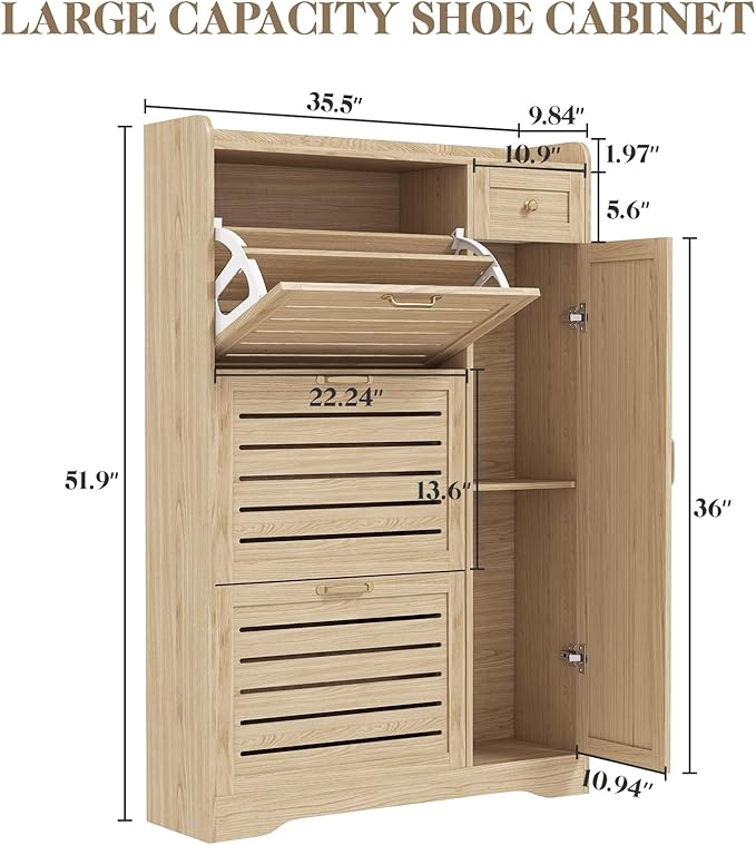 Narrow Shoe Cabinet Storage for Entryway, Hidden Shoe Rack Cabinet with Doors, 3 Flip Drawers & Adjustable Shelves, Thin Freestanding Boot Storage Closet Organizer, Ventilated Wood Design, Natural Oak
