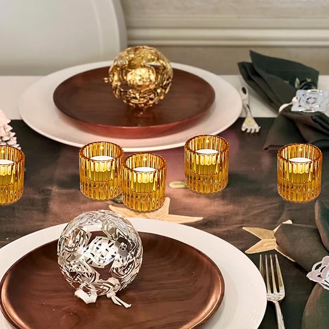 Reversible Amber Glass Candle Holder Set of 3, Thick Heat-Resistant Glass Candlestick Holders for Taper, Tealight, Votive, LED Candles, Perfect for Wedding, Party, Home Décor