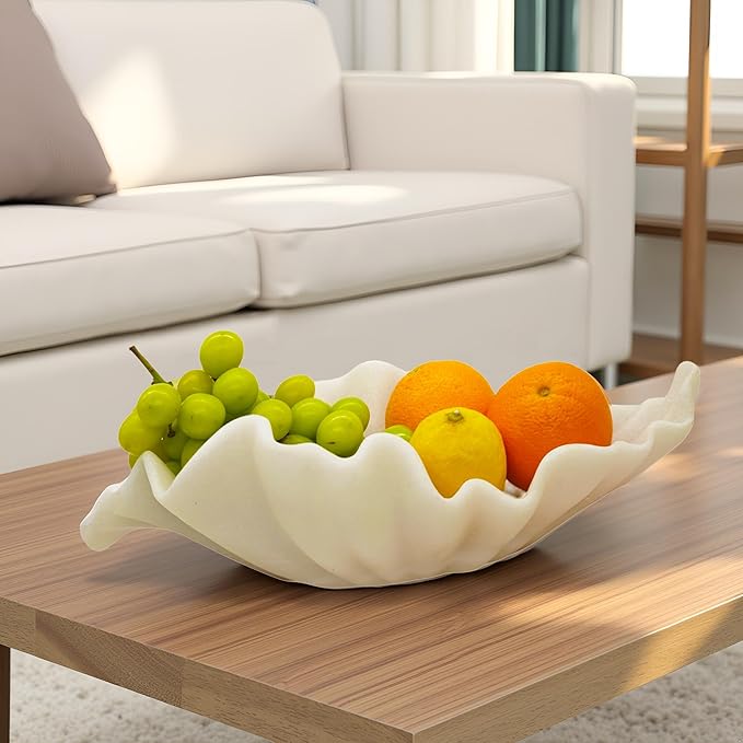 Off White Large Decorative Bowl - 16” Fruit/Key/Purse Bowl for Home Decor - Coffee Table & Entryway Table Decor - Scalloped Ruffle Bowls - Unique Centerpiece Bowls(Big)