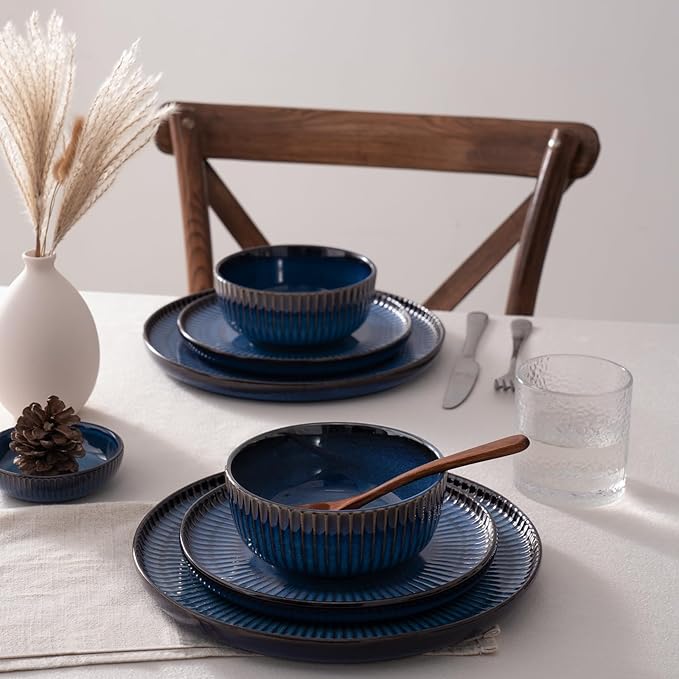 Famiware Starlight 18-Piece Plates and Bowls Sets for 6, Stoneware Dinnerware with Ribbed Textured, Handcrafted Reactive Glaze Dishes - Dishwasher & Microwave Safe, Chip/Scratch Resistant, Starry Blue
