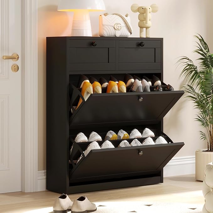 VOWNER Shoe Cabinet with 2 Flip Drawers & 2 Drawers, Freestanding Shoe Storage Cabinet with Adjustable Shelves, Shoe Organizer for Entryway, Hallway, Living Room (Black)