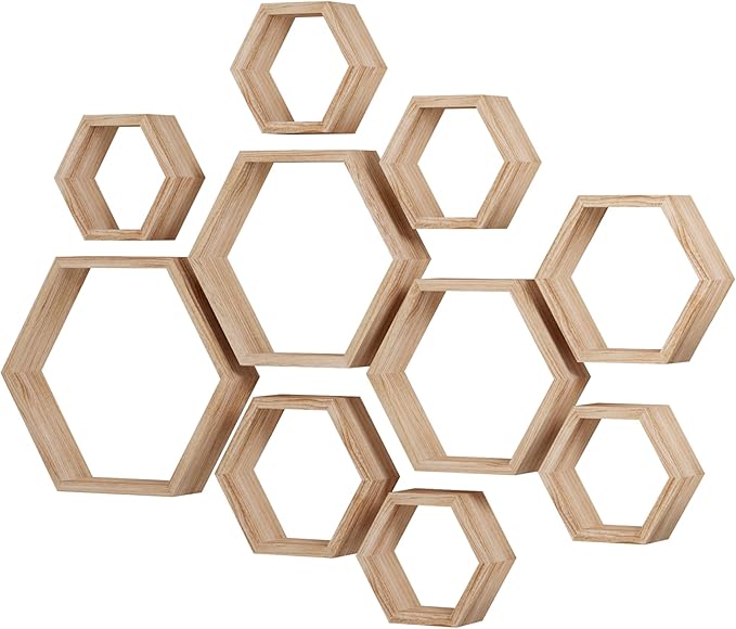 WONFUlity Hexagon Floating Shelves - Honeycomb Wall Mounted Wood Farmhouse Storage for Bathroom, Kitchen, Bedroom, Living Room - Driftwood Finish Decor, Light Brown