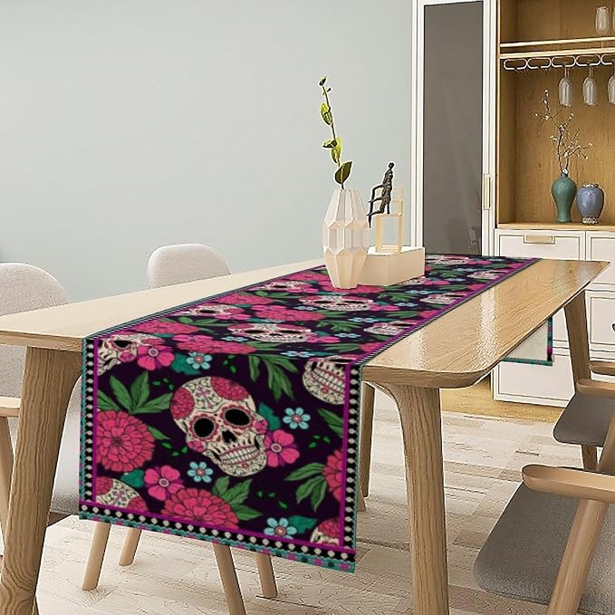 YCness Dia De Los Muertos Table Runner Red Floral Cinco De Mayo Rustic Linen Mexican Sugar Skull Day of The Dead Altar Decoration for Home Kitchen Dining Room, 13x36 Inch Black