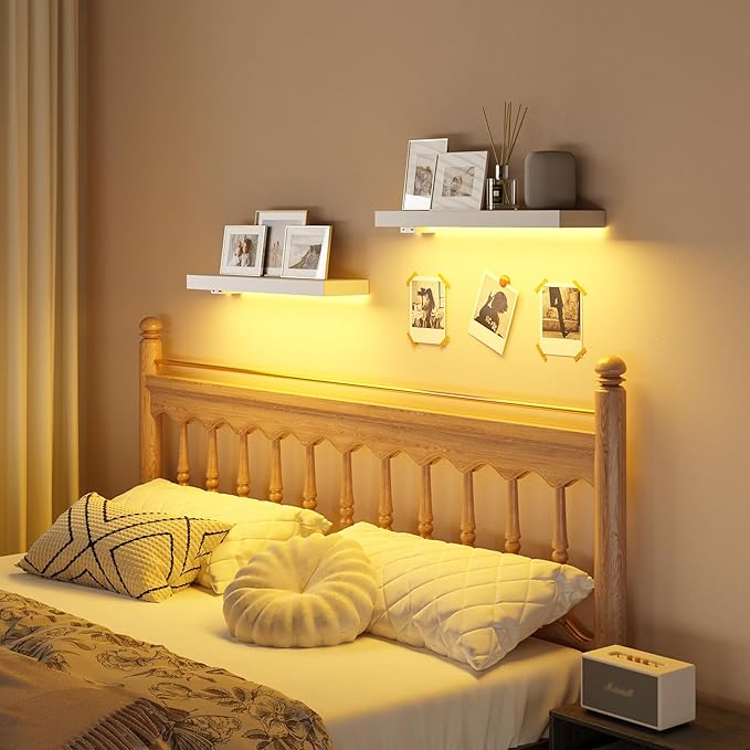 BAMEOS Floating Shelves with LED for Wall Decor, Sturdy Shelves with Warm Light, Wall Mounted Display Shelves, Set of 2, Hanging Shelf for Bathroom, Bedroom, Kitchen, Living Room Storage, White