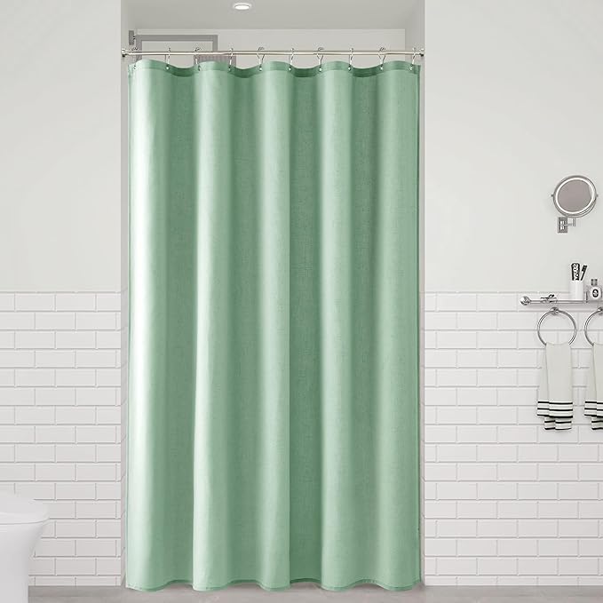 Naturoom Aqua Green 60 Inch Shower Curtain - Stall Narrow Half Linen Ultra Thick Fabric Shower Curtain Set with Hooks, Boho Farmhouse Rustic RV Camper Bath Curtains for Bathroom, 60x72