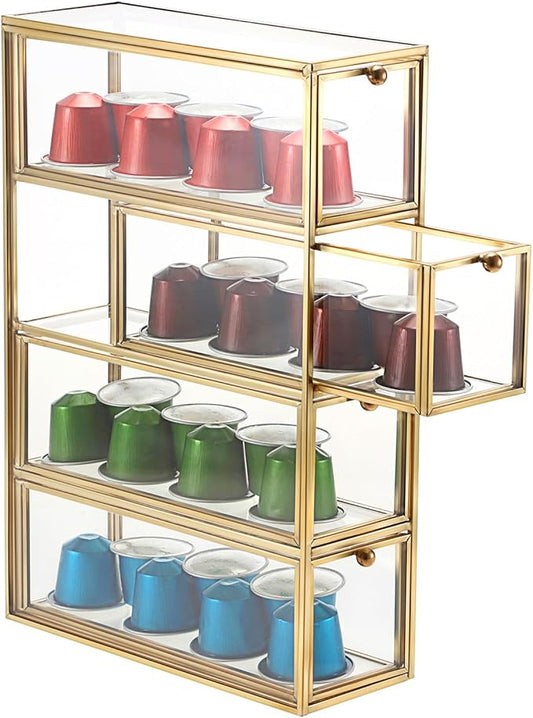 ELLDOO Coffee Pod Holder with 4 Drawers, Gold Glass Coffee Pod Organizer for K Cup Espresso, Clear Coffee Capsule Storage Holder for Coffee Bar Office Home Coffee Station Counter