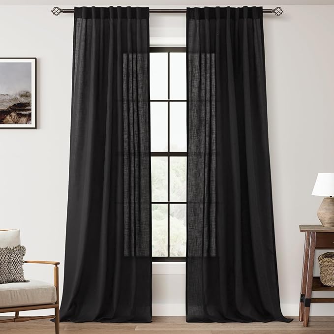 Black Linen Curtains 108 inches Long for Bedroom Back Tab Light Filtering Privacy Semi Sheer Black Curtains Living Room Boho Rustic Farmhouse Cotton Textured Gauze Curtain 2 Panel Set