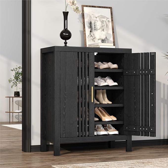 UNIQUITE Wooden Shoes Cabinet with Adjustable Shelves, Retro Freestanding Shoe Organizer Cabinet for Entryway Hallway Living Room, 5-Tier Shoe Cabinet with Doors for 20 Pairs, Black