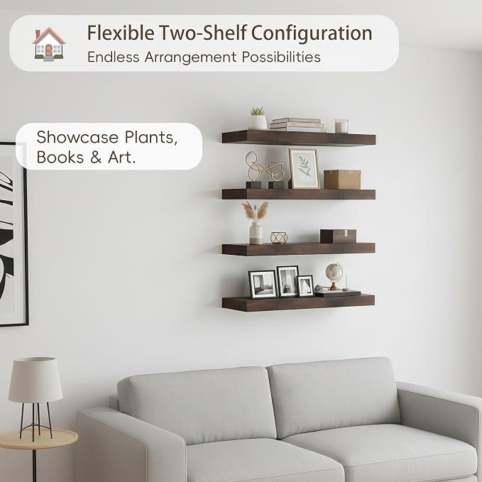 Lufia Floating Wall Shelves, Set of 4, MDF with Invisible Brackets, Modern Storage for Bedroom, Bathroom, Living Room, Kitchen (Rustic Brown, 15.8" W x 5.5" D x 1.2" H (4 Pieces))