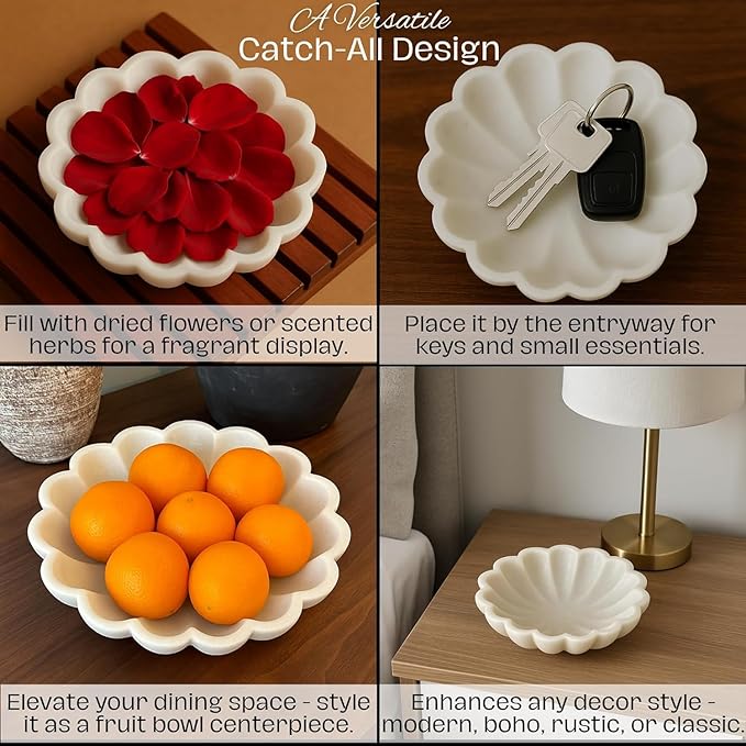 SWADESHI BLESSINGS HandCrafted Marble Decorative Bowl | White Ruffle Scalloped Fluted Key/Fruit Ring Dish | Organic Modern Home Decor (7 Inches)