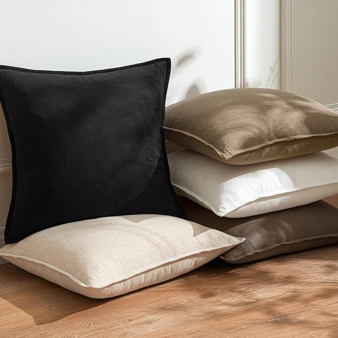 20x20 Inch Set of 2 Decorative Linen Solid Throw Pillow Covers Boho Accent Farmhouse Couch Pillowcases Modern Netural Home Decor for Couch Sofa Living Room Bed,Black