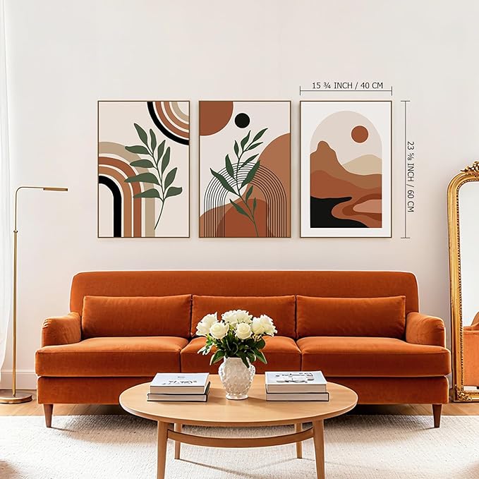 SAFERRYHOME Boho Abstract Wall Art, Mid Century Bohemian Wall Decor Framed Canvas Set of 3, Modern Minimalist Artwork Botanical Painting Prints Pictures for Living Room Bedroom Bathroom, 16x24 inch