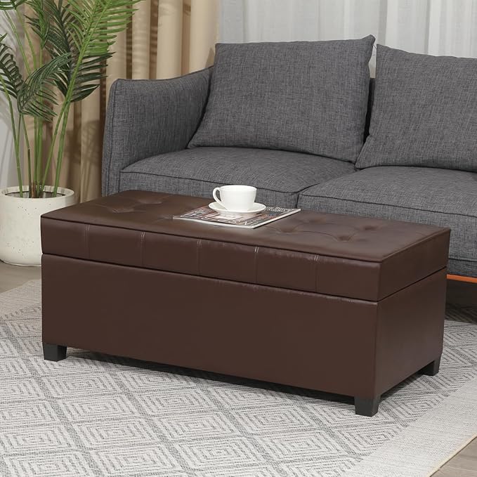 Homebeez 40" Faux Leather Storage Ottoman Bench, End of Bed Bench, Upholstered Bench with Storage for Living Room,Bedroom,Entryway (40" Brown)
