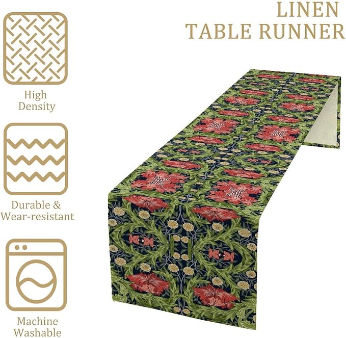 William Morris Flower Table Runner, Vintage Boho Style Plant Pattern Dinner Runner for Home Kitchen Dining Table Decoration 13x90 Inch