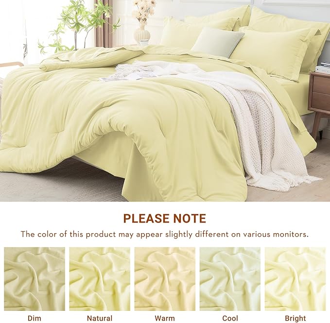 MUXHOMO 7 Pieces Queen Comforter Set, Soft Bed in a Bag Queen Size, All Season Bedding Set with Comforter, Flat Sheet, Fitted Sheet, Pillowcases & Shams, Cream Yellow