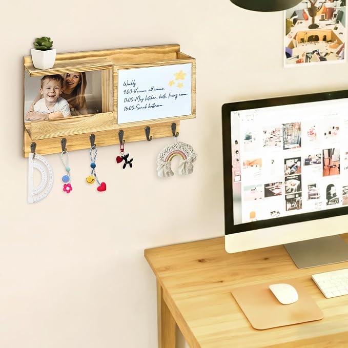 Entryway Mail Key Organizer with Built-in Magnetic Acrylic Photo Frame and Included Whiteboard, Wall-Mounted Leash Rack, 6 Hooks, 15 x 9.5 Inches, Solid Wood, Natural Brown