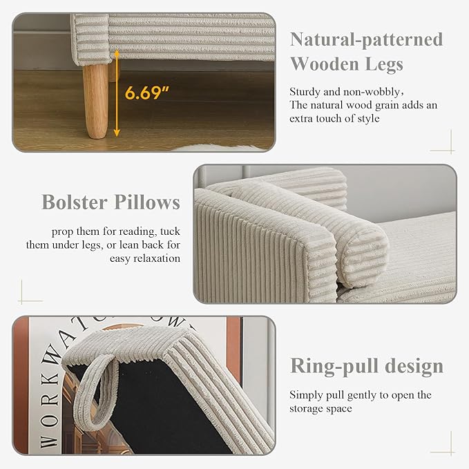 65.35" Storage Bench, Corduroy Upholstered End of Bed Bench with Bolster Pillows, Modern Storage Bench with Natural-Patterned Wooden Legs, Comfy Entryway Bench for Entryway (Light Gray)