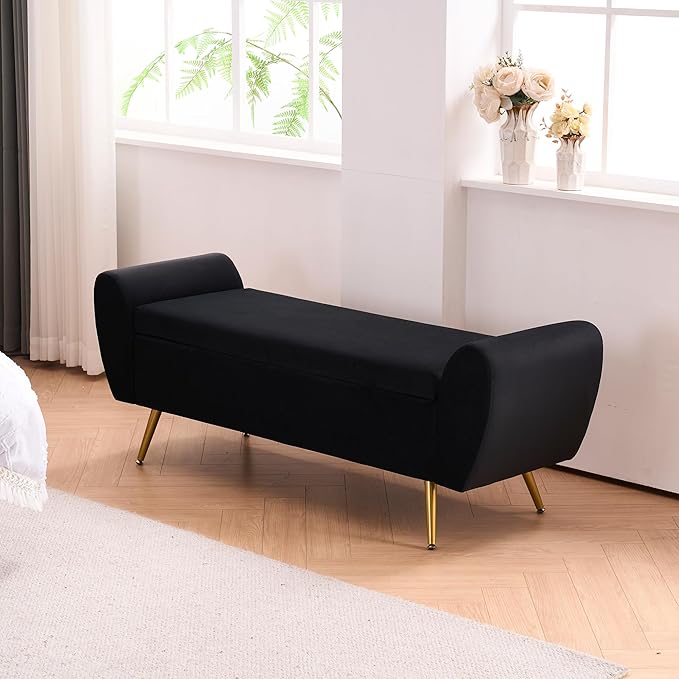 Velvet Storage Bench for Bedroom, 57" Long Bench for King Size Bed, Modern Upholstered End of Bed Ottoman Bench with Arms and Gold Legs for Entryway Living Room (Black)
