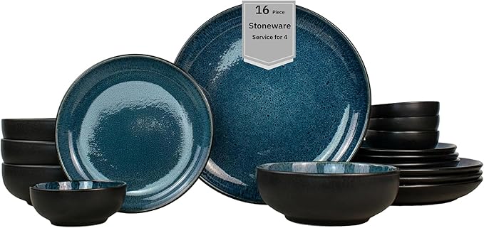 Sango 16-Piece Stoneware Dinnerware Set for 4, Glossy Black/Blue Big Dinner Plates and Bowls Sets with Reactive Glaze, Ceramic Dish Set, Modern Beautiful Dishes, Microwave & Dishwasher Safe, Resona