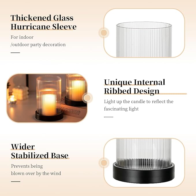 Glasseam Glass Hurricane Candle Holder: Black Pillar Candle Holders Set of 2 Ribbed Clear Glass Cover with Metal Candle Tray Modern Candle Holders for Table Centerpiece Living Room Fireplace Decor