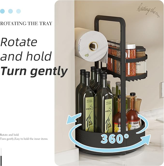 2 Tier Rotating Spice Rack Organizer with Paper Towel Holder, Lazy Susan Turntable Kitchen Organizer for Countertop & Cabinet, Metal Spice Rack for Bottles, Jars, Condiments, Black