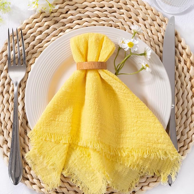 MLMC 10 Pack Yellow Cloth Napkins with Fringe Boho Linen Napkins Washable Reusable Rustic Dinner Table Decor 17"×17" for Wedding Party Bridal Baby Shower Home Decor