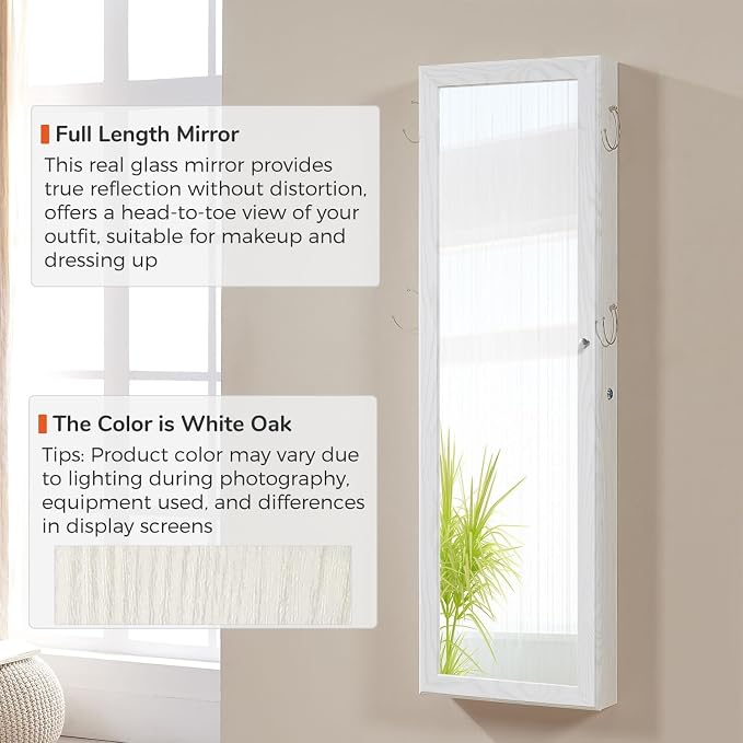 GISSAR Jewelry Mirror Armoire Wall Mount Over The Door Mirror Jewelry Cabinet Storage Mirror Organizer Lockable Full Length Door Mirror(White Oak)