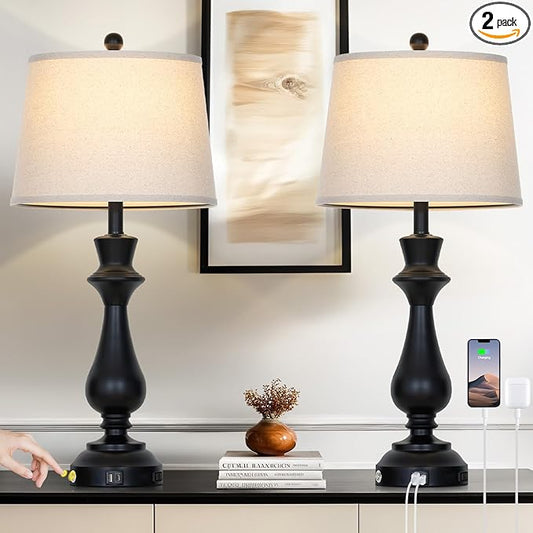 Cinkeda Touch Lamps for Night Stands Set of 2-29.5" Tall Bedside Lamp with USB C+A, 3 Way Dimmable Bedroom Lamps, Black Metal Table Lamps for Living Room