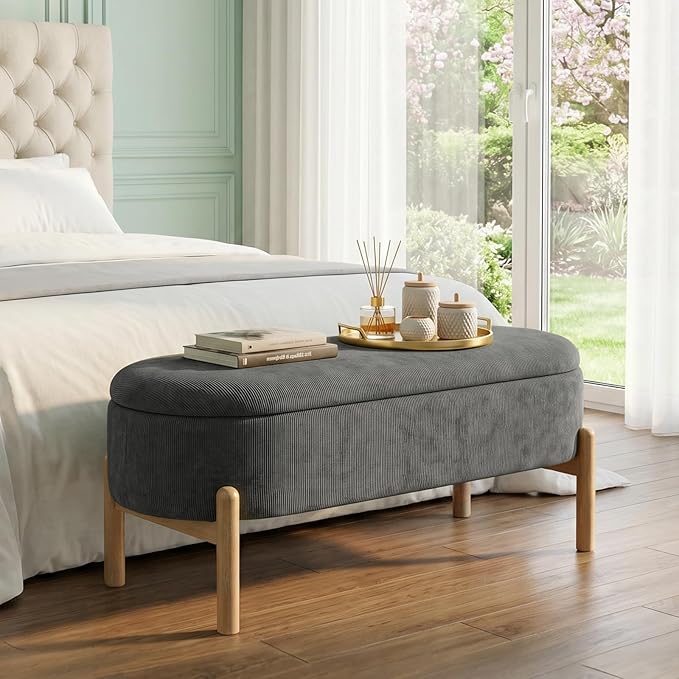 Storage Bench Ottoman, Upholstered Corduroy Storage Bench for Bedroom End of Bed, Modern Aesthetic Furniture, Large Oval Ottoman Bench for Foot of Bed, Living Room, Entryway, Under Window (Grey)