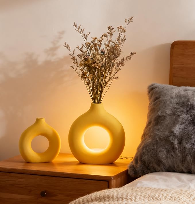 Ceramic Vase Set of 2 Home Decor Modern Farmhouse Style Living Room Ornament Dining Table Room Pottery Yellow Small Donut Vases for Dried Flowers
