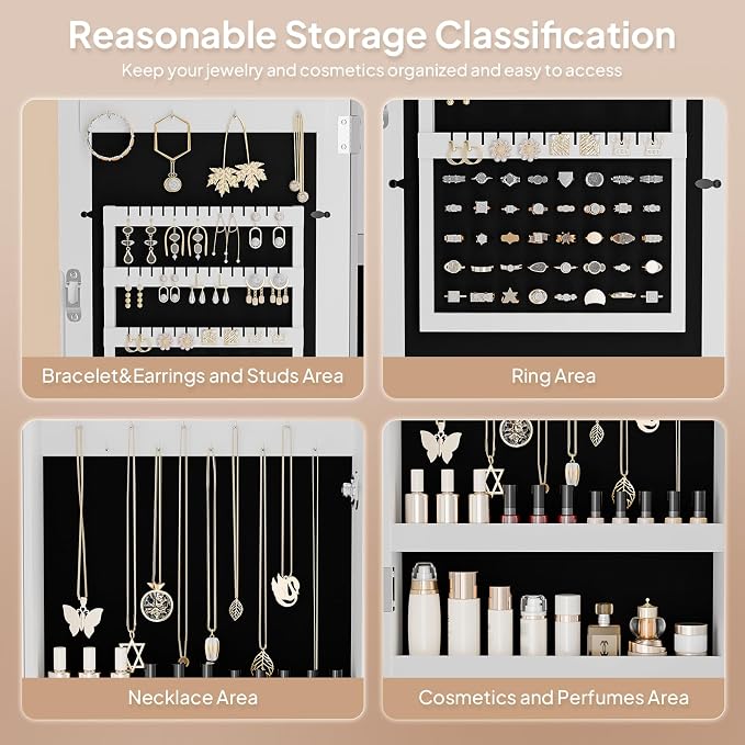 Bonnlo Jewelry Armoire with Photo Frame, 23.62 x 11.81 x 3.55 inch, Small Storage Jewelry Cabinet Organizer, Wall Mount (White)，Chic Bedroom Furniture & Gift for Women