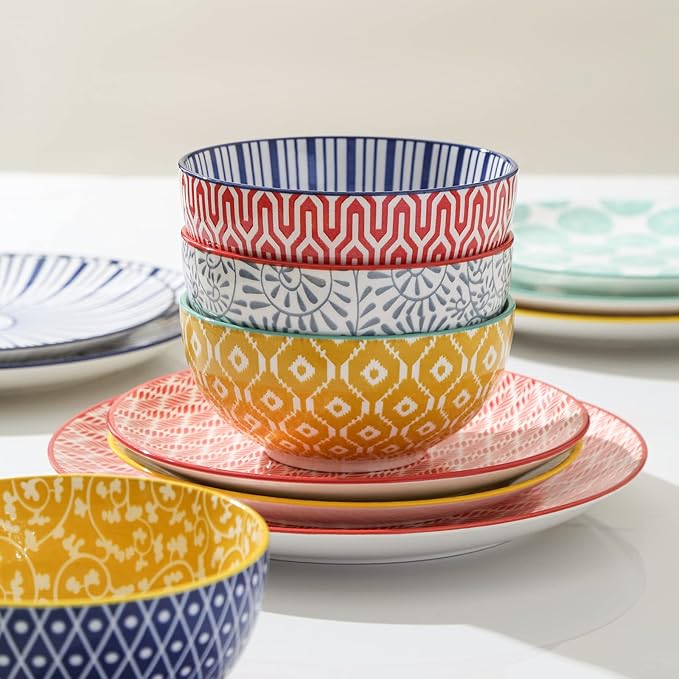 Selamica Ceramic Dinnerware Sets for 6, 24 Piece Plates and Bowls Sets, Highly Chip and Crack Resistant Dishes Set-Dishwasher & Microwave & Oven Safe, Assorted Colors