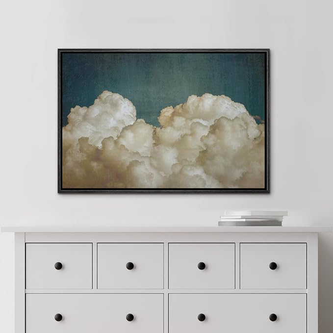 MUDECOR Framed Canvas Print Wall Art Vintage Golden Clouds Retro Sky Painting with Teal Illustrations Digital Art Decorative Bohemian Contemporary for Bedroom - 24"x36" Black