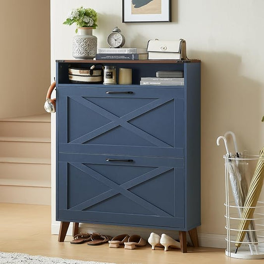 Joaxswe Shoe Cabinet Storage for Entryway with 2 Flip Drawers 2 Hook Open Storage Layer Rack Narrow Organizer Slim Hidden Wood Shoe Cabinet Furniture Dark Blue