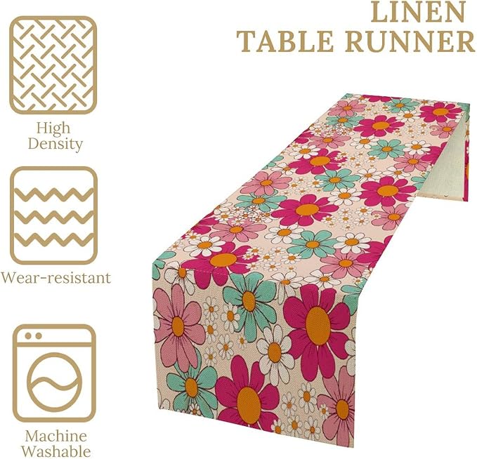 Retro Florals Table Runner Vintage Gardern Flowers Groovy Hippie Seasonal Spring Farmhouse Abstract Country Dinner Runner for Home Kitchen Dining Table Party Holiday Decor 13"x120"