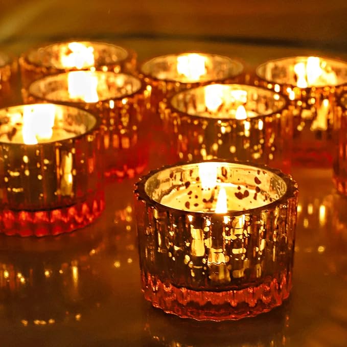 VOHO Gold Candle Holders for Wedding Dinner Party, Tealight Candle Holder Set of 12 for Table Centerpiece, Mercury Glass Candle Holder Gifts for Women (2x1.4 Inch, Mercury Golden)