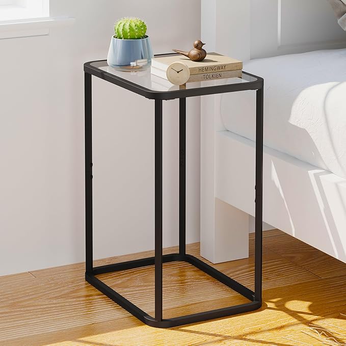 Glass Side Table Two Set, Rectangle 2PCS End Table with Metal Frame, Modern Bedside Table for Office, Bedroom, Living Room, Study,Small Spaces,Easy Assembly,15.75 * 11.81 * 20.87 Inches,Black,2PCS