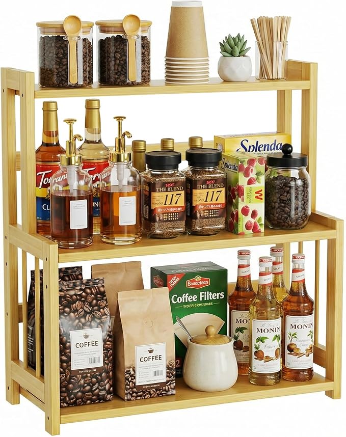 Countertop Coffee Station Organizer, 3 Tier Bamboo Shelf for Coffee Bar Accessories, Coffee Bar Organizer for Home Kitchen
