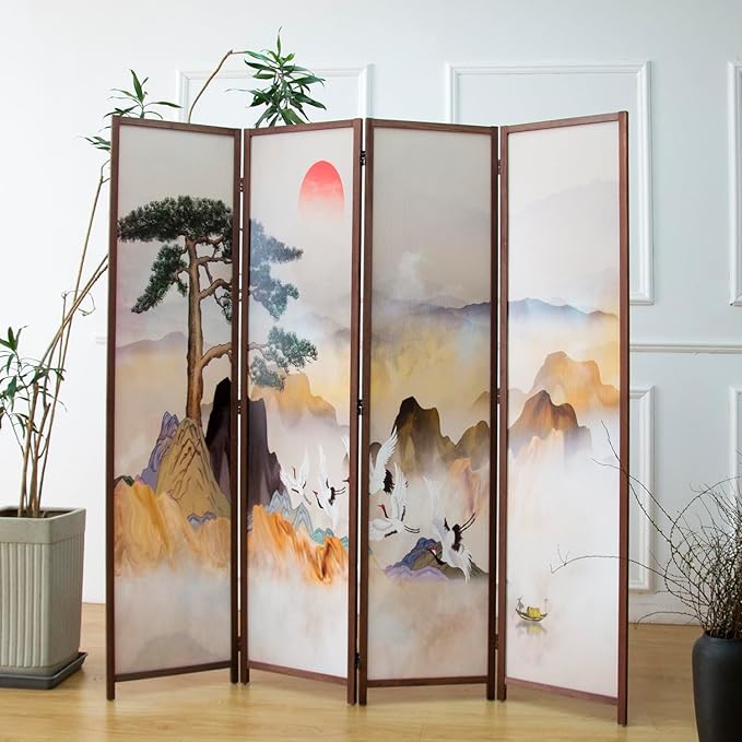 Furnnylane 4 Panel Room Divider, Double-Sided Folding Privacy Screen for Home Office – Freestanding Wall Partition with New Chic Colorful Landscape 67" H x 63" W - 5.6 ft Tall