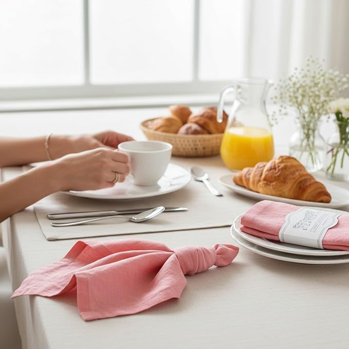 Linen Napkins –100% French Flax – Stonewashed Pure Linen Cloth Napkins - Size 18 Inch x 18 Inch – Set of 4 (Sunset Pink)