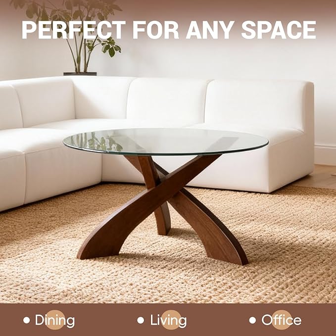 Honyee Glass Coffee Table, 30.7” Round Coffee Table with Tempered Glass Top, Walnut Wood X-Shaped Base, Stable Modern Center Table for Living Room, Apartment and Small Spaces