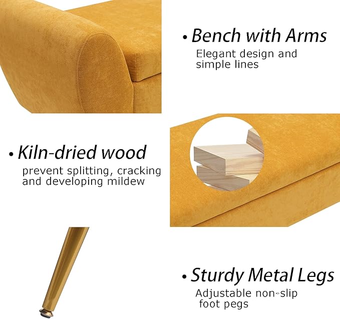 Storage Bench for Bedroom, 55" Extra Long Bench for King Size Bed, Modern Upholstered End of Bed Ottoman Bench with Arms for Entryway Living Room (Chenille, Mustard Yellow)