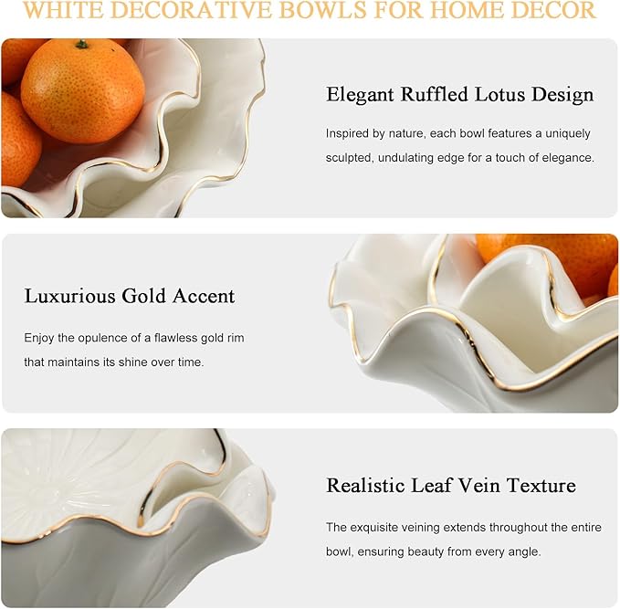 Handcrafted 8" White Ceramic Ruffle Bowl with Gold Trim – Modern Lotus Design, Small Shallow Decorative Bowl for Kitchen Counter & Key Holder for Entryway Table, Catch-All for Home Decor