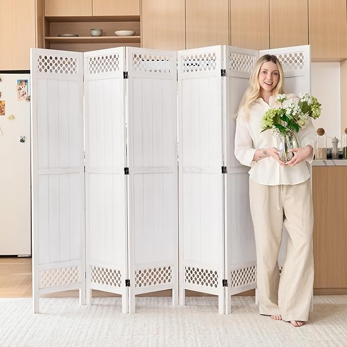 Privacy Screen Room Divider Panel - 67 Inch Tall Natural Wood Folding Partition Room Dividers, No-Assembly Required, Enhance Privacy and Aesthetic Appeal, Ideal for Home or Office White 6 Panel