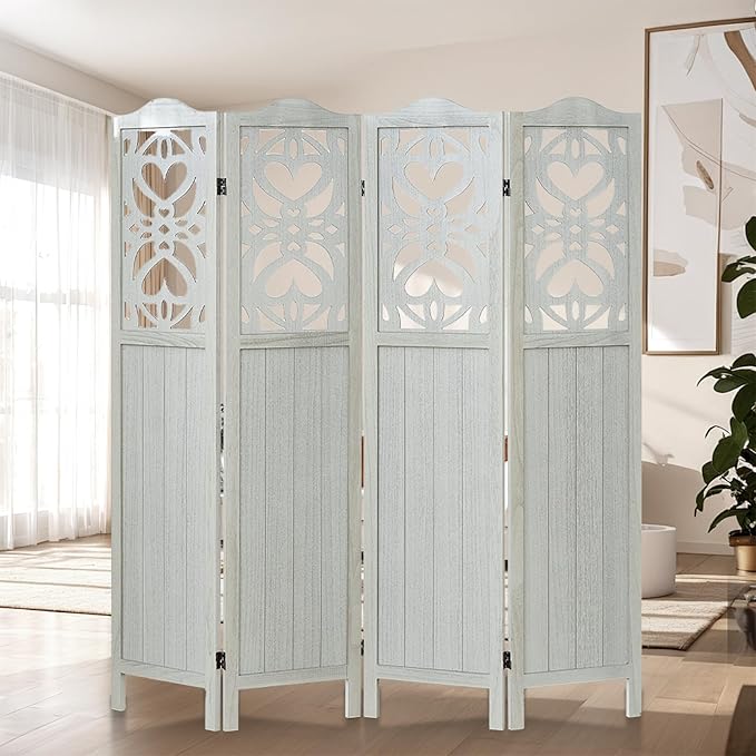 4 Panel Room Divider 5.6FT Wood Carved Room Divider Folding Privacy Screen with Double Hinges, Free Assembled Portable Partition Screen Divider for Room Separation Home Office - Retro White