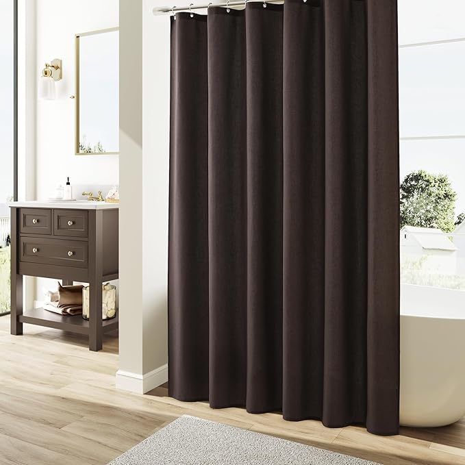 Naturoom Chocolate Brown Linen Shower Curtain, Country Boho Farmhouse Bath Decor Shower Curtains Neutral Cloth Weighted Textured Fabric Bath Curtain Liner with Hooks, 72x72