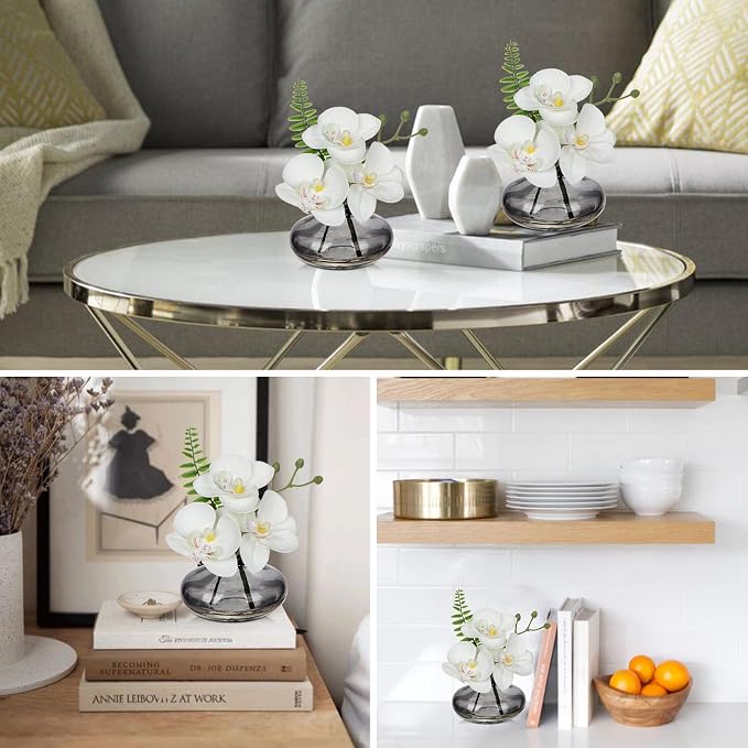 Oairse White Orchids Artificial Flowers Faux Orchids Arrangement in Black Glass Vases Set of 3 Real Touch Phalaenopsis Orchid Flowers Small Fake Orchid Centerpiece for Dining Room Table